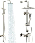 Rainsworth Outdoor Shower Kit Brushed Nickel - Single Handle Brass Valve, 8 Inch Rain Shower Head and Handheld Spray Shower Fixture Combo, 304 Stainless Steel Wall Mount