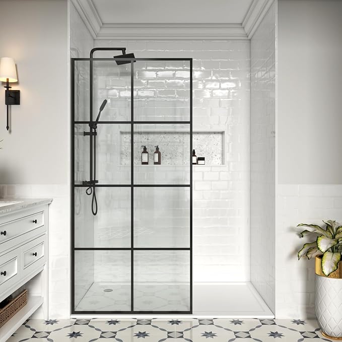 34" W x 72" H Shower Screen, Glass Shower Panel for Walk-in Shower, Fixed Shower Door with 3/8” (10mm) SGCC Tempered Glass, Matte Black