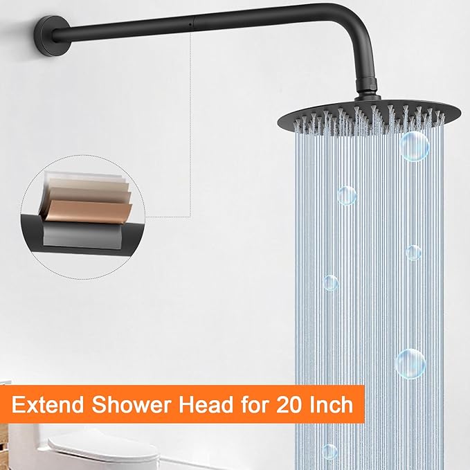 HarJue Shower Arm with Flange and Teflon Tape, Wall Mounted Shower Pipe 304 Stainless Steel Extension Arm for Fixed Shower Head & Handheld (20 Inch, Matte Black)