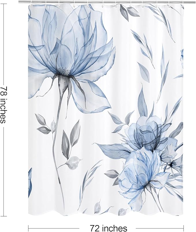 Long Boho Watercolor Floral Shower Curtain 72 x 78, Blue and Grey Ink Painting Style Flower Shower Curtains for Chic Elegant Bathroom, Artistic 78 Inch Long Fabric Shower Curtain