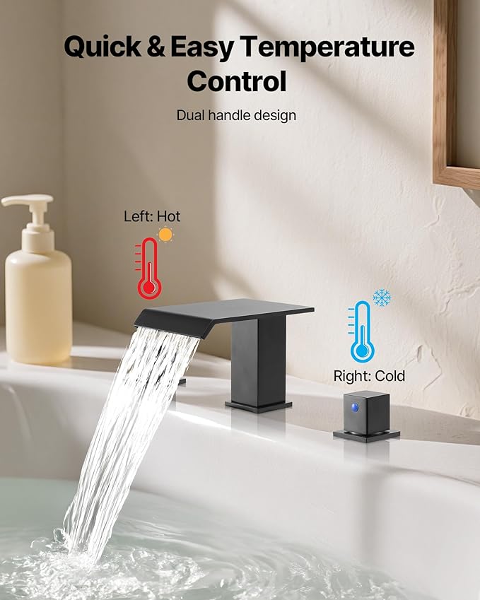 VEVOR Roman Tub Faucet, 3 Hole Waterfall Bathtub Faucet, Roman Bathtub Faucets Set with 2 Handles, Deck Mount Bath Tub Faucets Set for Pet Washing, Baby Care, Adult Bathing, Matte Black, Drip-Free