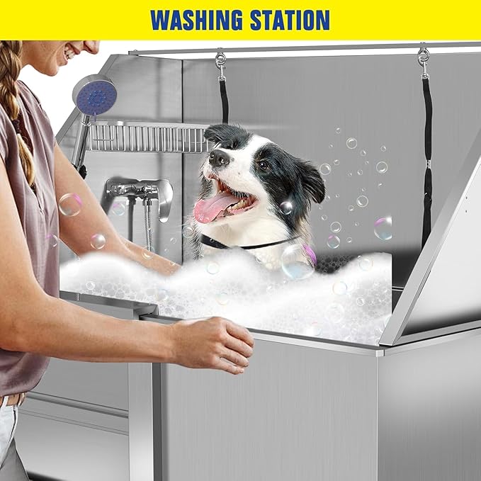 50" Stainless Steel Dog Washing Station, Pet Grooming Tub with Hot/Cold Faucet & Showerhead, Non-Slip Stairs for Small/Medium Dogs & Cats