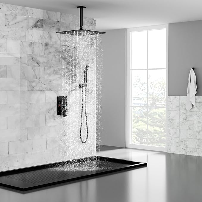 SR SUN RISE 16 Inches Matte Black Shower Set System Bathroom Luxury Rain Mixer Shower Combo Set Ceiling Mounted Rainfall Shower Head Faucet (Contain Shower Faucet Rough-In Valve Body and Trim)