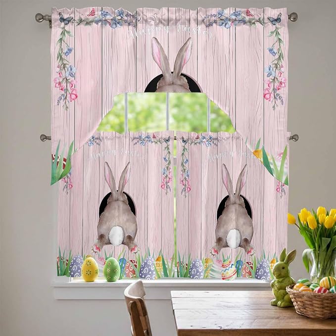 Swag Valance Curtains, Easter Cute Rabbit and Colorful Eggs Rod Pocket Valances - Image 2