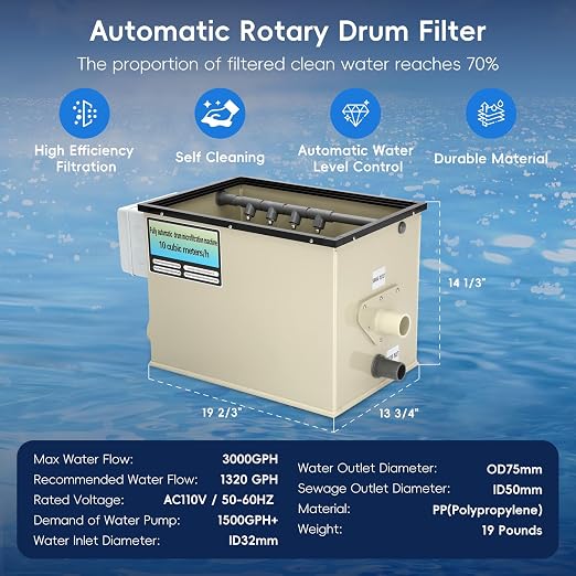Rotary Drum Filter-3000GPH, 110V-240V High Pressure Cleaning Drum Filter - Image 3