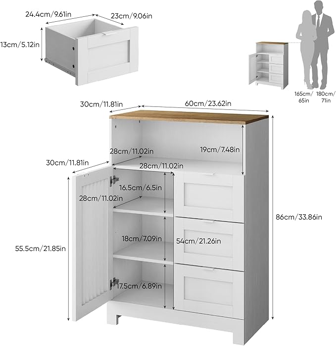 Bathroom Storage Cabinet with 3 Drawers, Floor Cabinet with Louvered Door, Freestanding Storage Unit for Bathroom, Kitchen, Living Room, White