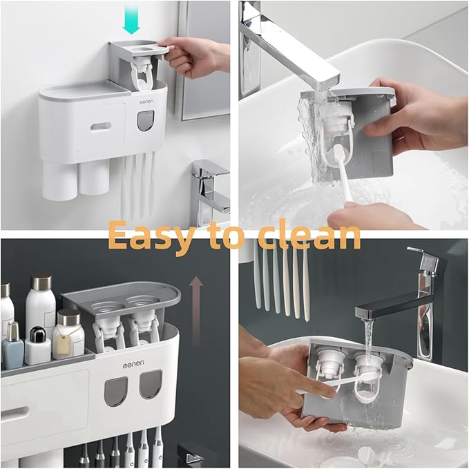 No-Drill Wall Mounted Toothbrush Holder, Bathroom Shelf, with Automatic Toothpaste Dispensers 4 Brush Hooks 2 Magnetic Cups 1 Cosmetic Drawer Organizer and Large Storage (1 Dispenser 2 Cups)