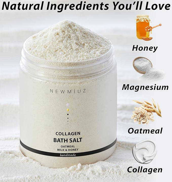 Collagen Bath Salt Soak Moisturize Soften Skin Magnesium Coconut Oatmeal Honey Epsom Salt Luxury Spa Destress Relaxation Gifts for Women and Men