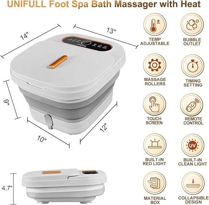 Collapsible Foot Spa Bath with Heat, Touch Screen, Remote Control, Massage Rollers, Timer, Bubble, Foot Pedicure Kit, Temperature Control Pedicure Foot Spa, Foot Bath