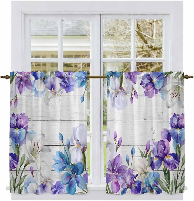 Spring Flowers Kitchen Curtains, Watercolor Garden Florals Wooden Grain Light - Image 2