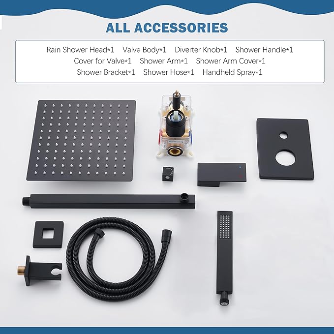 Black Shower System, Shower Faucet Set with 10-Inch Rain Showerhead and Handheld Spray, Wall Mounted High-Pressure Showerhead Combo Set Included Valve and Trim, Matte Black