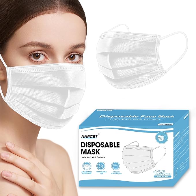 NNPCBT White Disposable Face Masks 125 Pack, 3-Ply Breathable Mask by NNPCBT