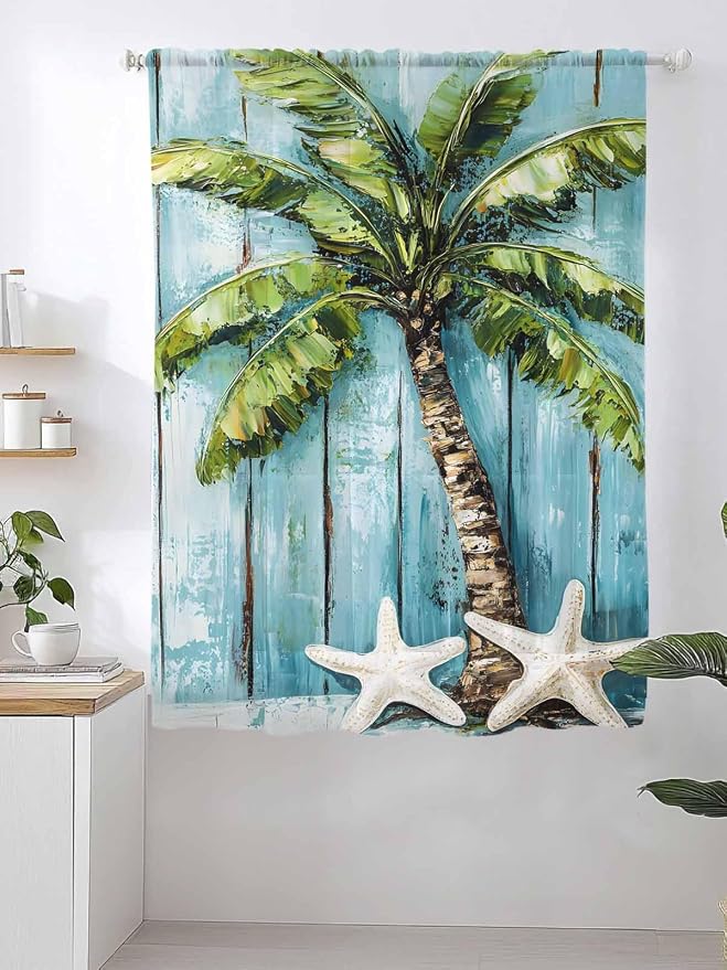 Sheer Curtains 72 Inches Long, Coastal Beach Starfish Semi Sheer Curtains Light - Image 2