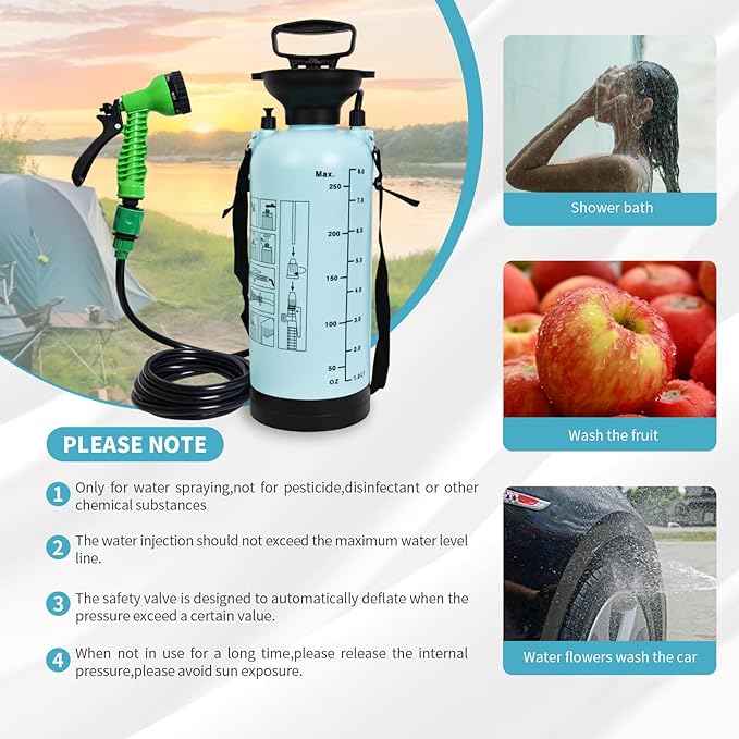 2.1 Gallon Portable Shower for Camping with 7 Spray Modes, Camping Shower for Beach Shower, Car Shower, Hand Press with Removable Hose and Shower Head (Blue)