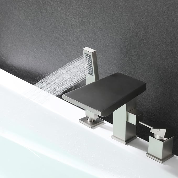 Waterfall Roman Tub Faucet with Hand Shower, Deck Mount Tub Filler Bathtub Faucet with Sprayer, Brass Widespread 3 Hole Bathtub Shower Faucet Set, Brushed Nickel