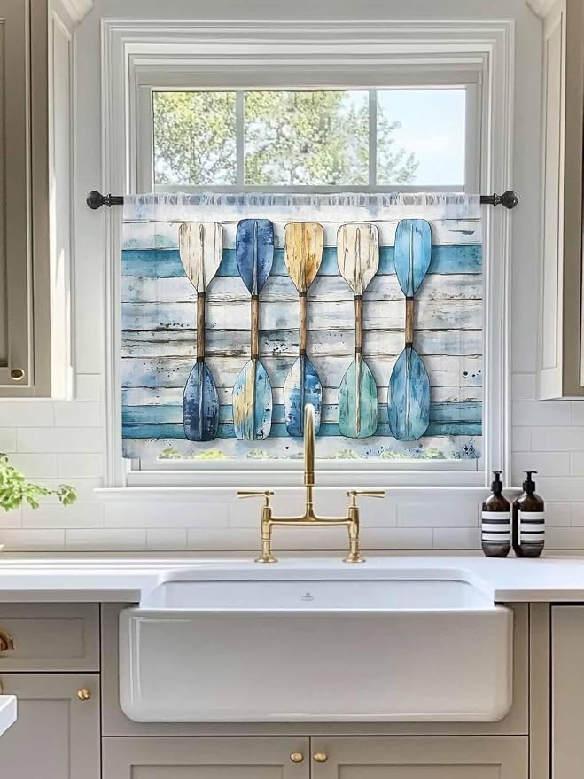 Sheer Curtains 45 Inch Length, Lake Paddle Striped Semi Sheer Curtains Light - Image 3