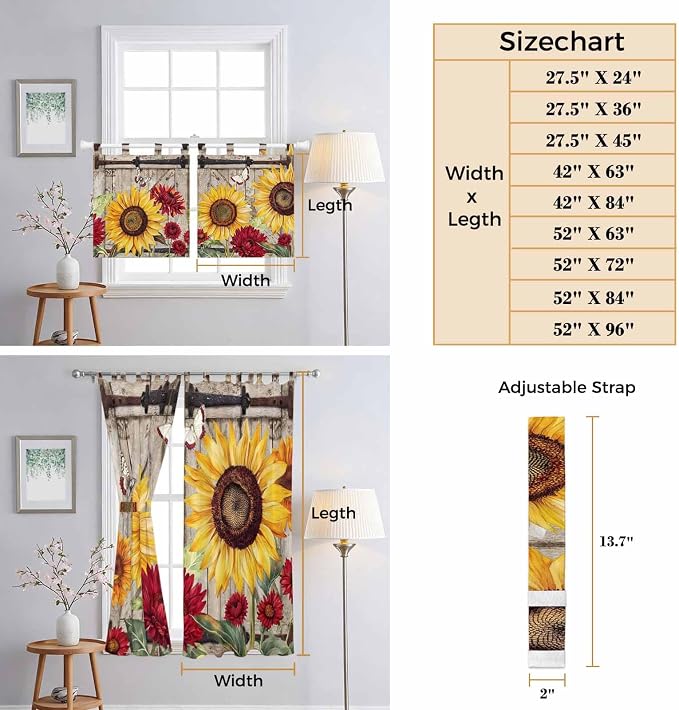 Sunflowers Bedroom Curtains 63 Inch Length, Window Curtains Tab Top, Retro - Image 8