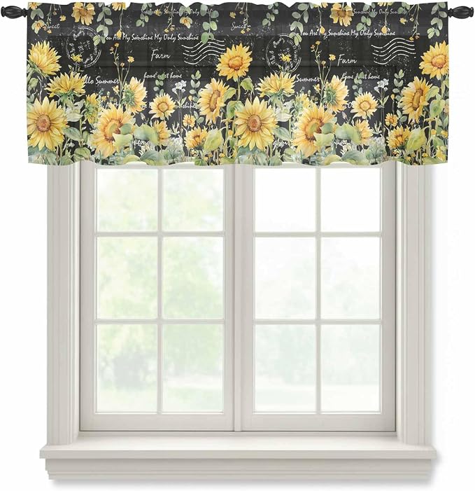 Summer Floral Sheer Valance Curtains, Watercolor Sunflower Eucalyptus Leaves by Houseown
