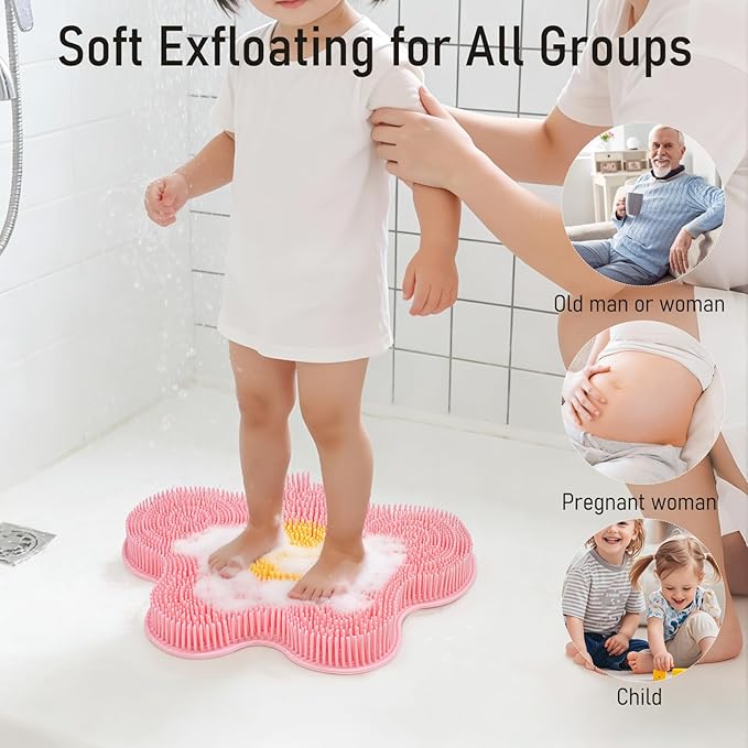 Shower Foot Scrubber Mat Silicone, Back Scrubber Exfoliating Washer Pad Wall-Mounted, Large Feet Clean Message with Suction Cups for Wall Smooth Floor - Extra long & Soft Bristles without Bending Pink