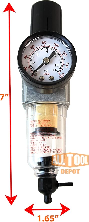 1/4" NPT Mini Compressed Air In Line Filter Regulator Combo Piggyback, Poly - Image 2