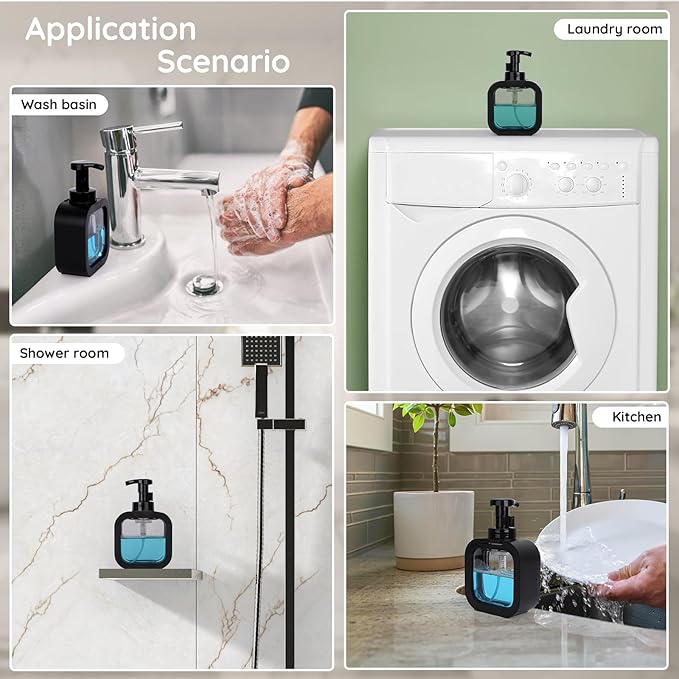 Segbeauty 10.1oz Black Foaming Soap Dispenser for Bathroom, 3pcs 300ml Empty Square Refillable Dish Soap Dispenser for Kitchen Sink Cleaning, Plastic Shampoo Shower Pump Bottles Dispenser with Labels