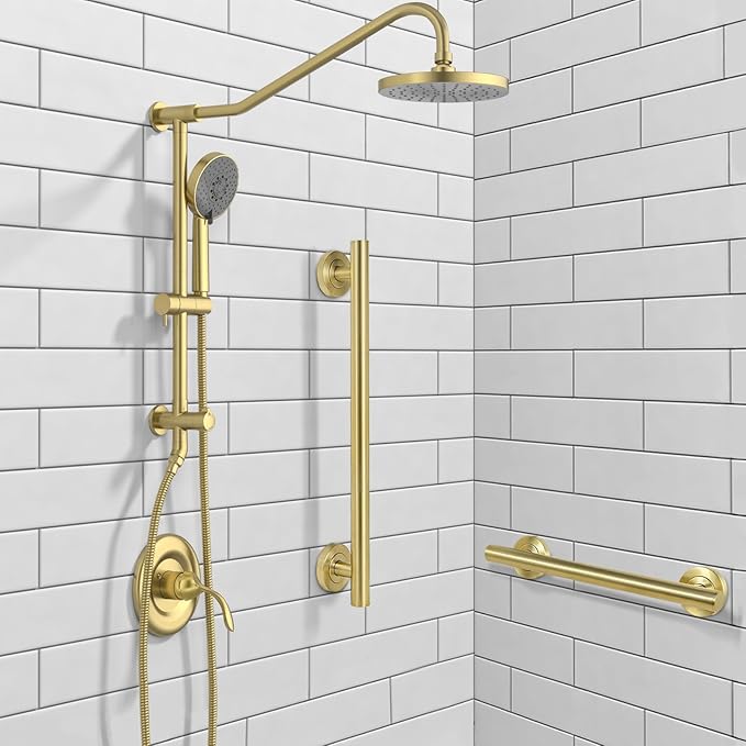Lava Odoro Shower Grab Bar, Modern Set Stainless Steel Handicap Grab Bar for Bathtubs and Showers, Shower Safety Bar for Seniors Disabled, ADA-Compliant (Brushed Gold, 3 Pack 18", 24'', 36")