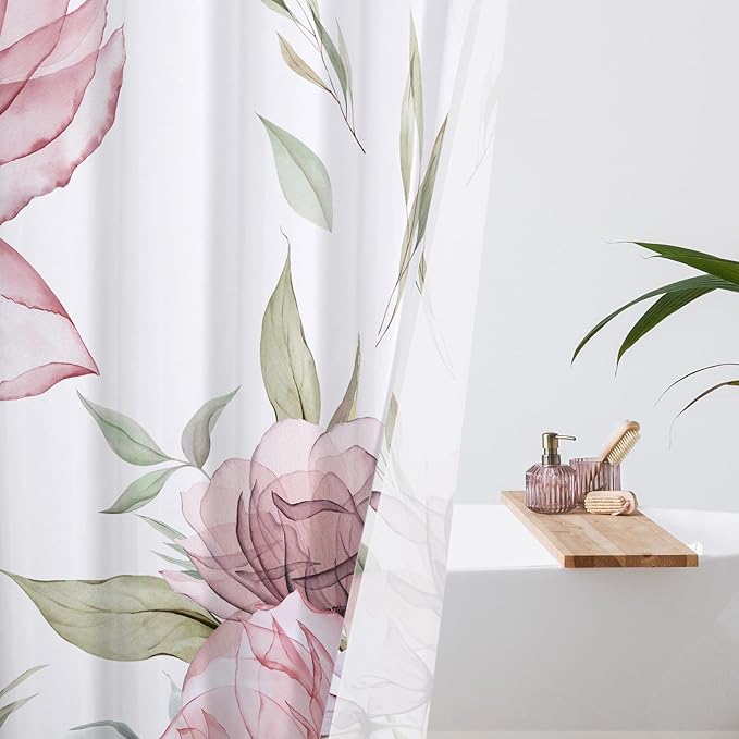 Pink and Grey Boho Watercolor Floral Shower Curtain, Ink Painting Style Blossom & Leaf Shower Curtains for Chic Elegant Bathroom, Artistic Fabric Cloth Flower Shower Curtain, 72x72