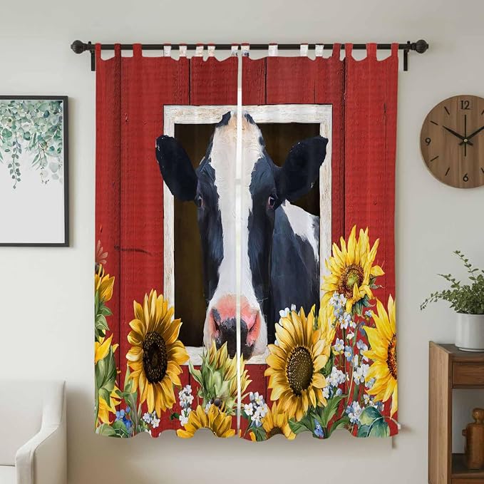 Cow Sunflowers Living Room Curtains 96 Inch Length, Window Curtains Tab Top - Image 2