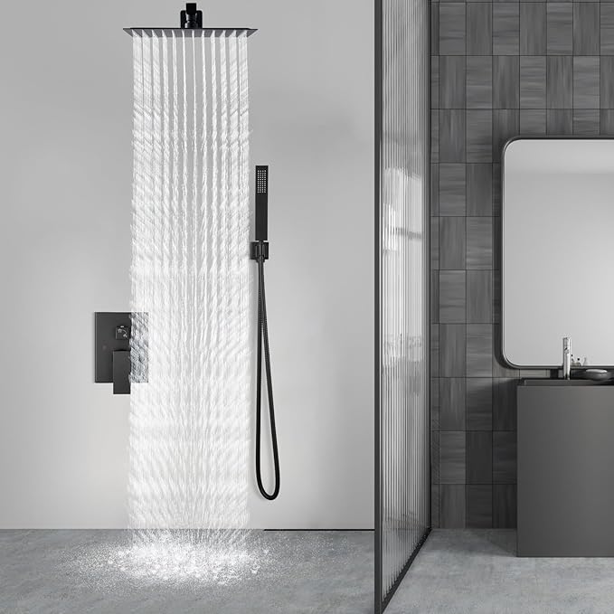 Aolemi Shower Faucet Set Rain Shower System with Handheld Spray Bathroom Shower Combo Rough-in Valve and Shower Trim Kit Included Matte Black 16 Inch Wall Mount Shower Head