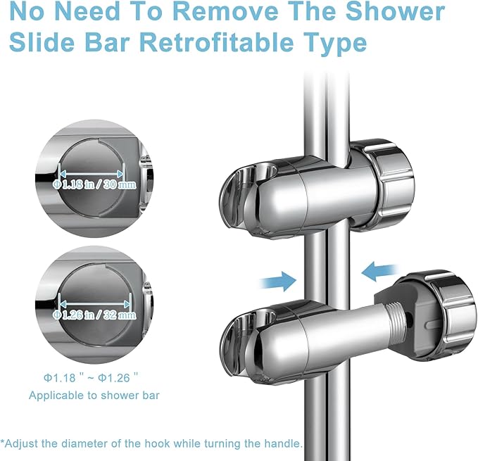 OFFO ADA Shower Head Holder, Adjustable 1.18-1.26 in(30-32 mm) Hand Shower Bracket for Handicap Grab Bar, Detachable Slider Clamp Bathroom Replacement, 361 Degree Rotation Sprayer Holder, Chrome
