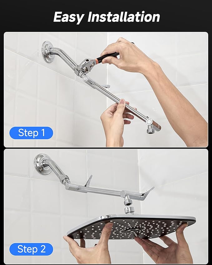 Veken 11.8" Rain Shower Head, Rectangular Rainfall Showerhead with 11" Stainless Steel Exension Arm, Height & Angle Decor Adjustable, High Pressure Shower Heads, Bathroom Accessories, Chrome