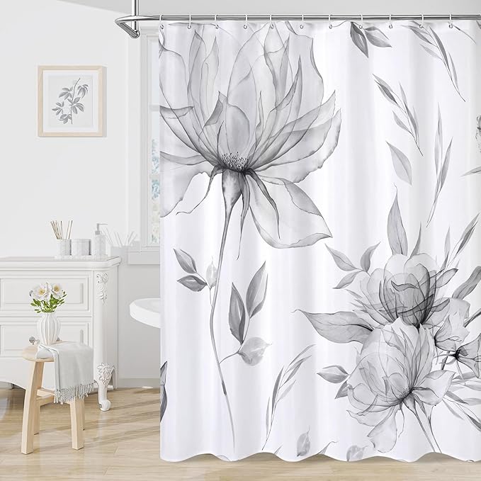 Extra Long Boho Watercolor Floral Shower Curtain 72 x 84, Grey Ink Painting Style Flower Shower Curtains for Chic Elegant Bathroom, Artistic XL Fabric Cloth Shower Curtain