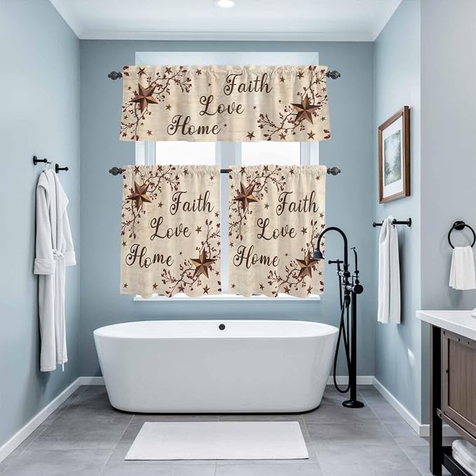 Kitchen Curtains Tiers and Valance Set of 3, Retro Country Stars Rustic - Image 9