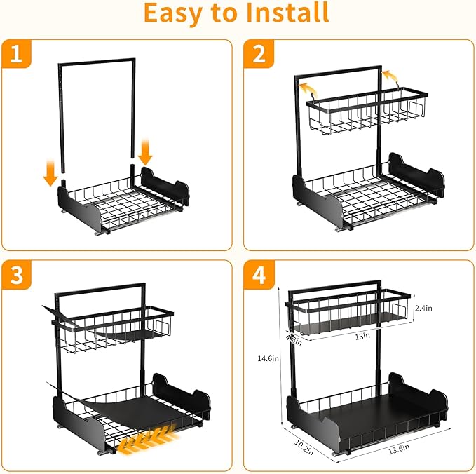 Under Sink Organizer, 2-Tier L-Shaped Pull Out Cabinet Shelf with 2 Installation Methods, Adjustable Sliding Storage Drawer for Kitchen, Bathroom, Laundry, Metal, Black