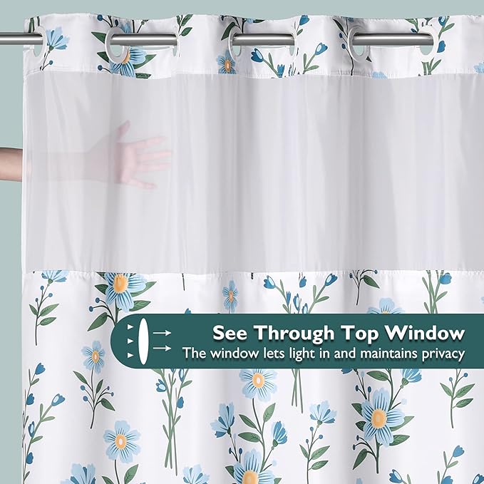 Lagute SnapHook Floral Shower Curtain with Snap-in Liner for Bathroom| No Hook Needed| Mesh Top Window| Machine Washable| Hotel Grade| 71Wx74L，Blue Bouquet