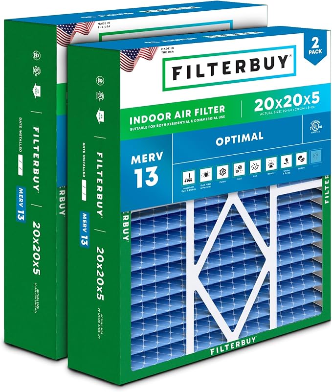 Filterbuy 20x20x5 Air Filter MERV 13 Optimal Smoke & Allergy Defense, Pleated by Filterbuy