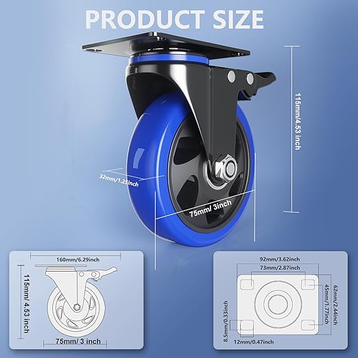 Caster Wheels 3 Inch, Swivel Casters Set of 4 Heavy Duty - Image 2