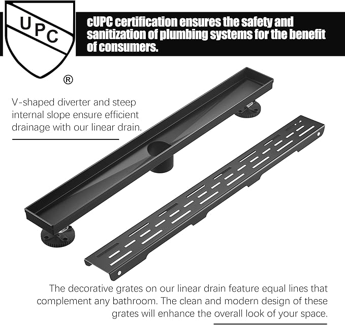 HEATGENE 28-Inch Linear Shower Drain in Matte Black - Stainless Steel Rectangular Shower Floor Drain - Removable Decorative Cover - Adjustable Leveling Feet - CUPC Certified