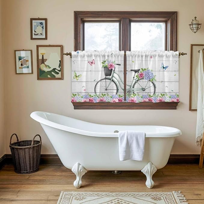 Spring Tier Curtains, Bicycles Botanical Rose Leaves Butterfly Wood Grain Light - Image 5