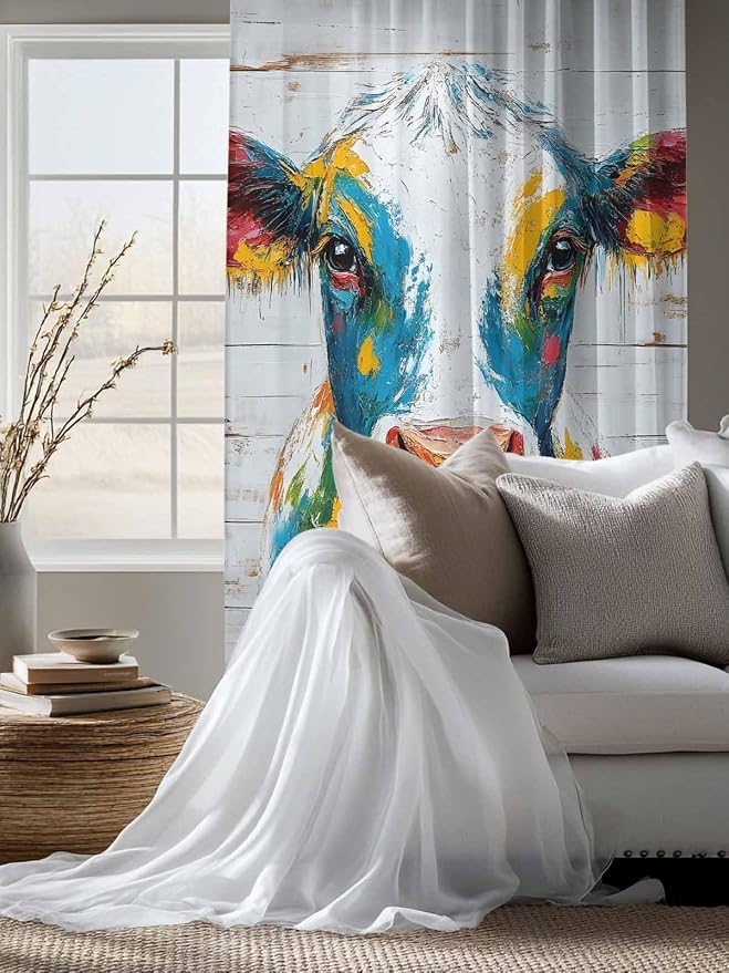 Sheer Curtains 72 Inches Long, Rustic Cow Semi Sheer Curtains Light Filtering - Image 4