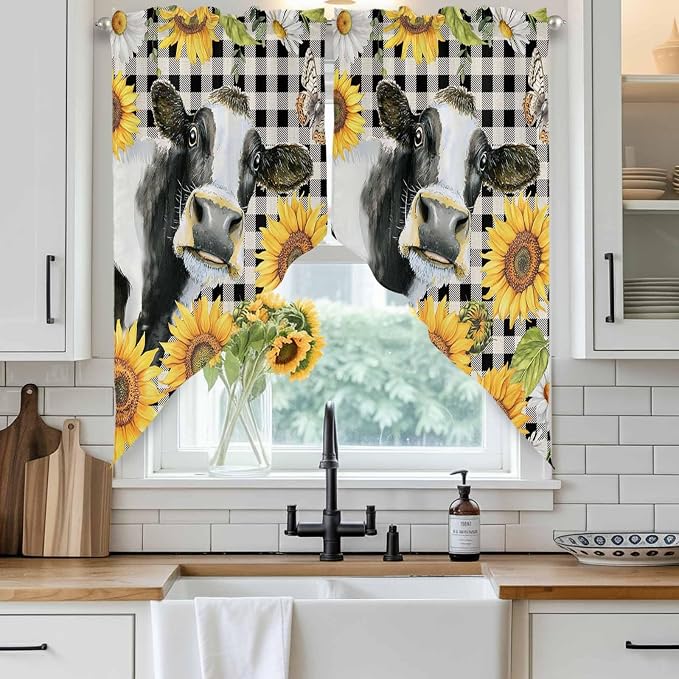 Retro Sunflowers Swag Valances for Windows, Farmhouse Floral Cow Butterfly - Image 2
