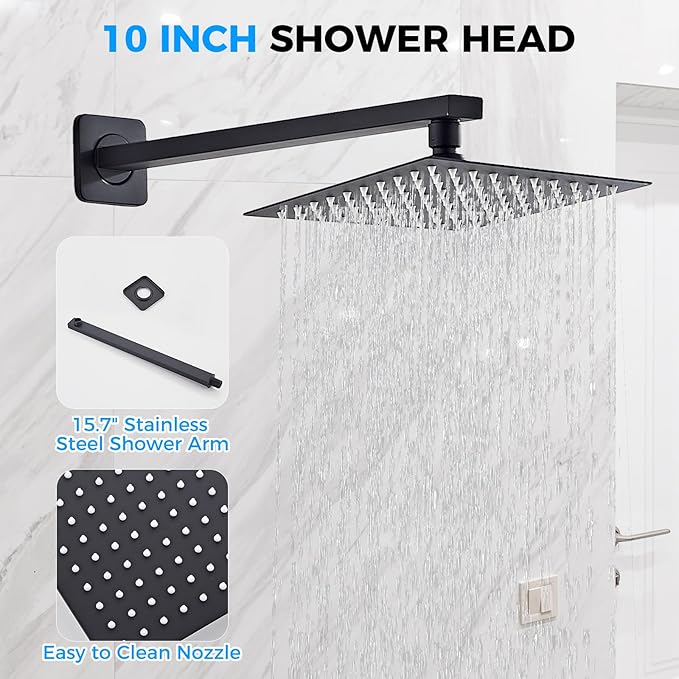 10" Matte Black Rainfall Shower Faucet Set with Rain Shower Head & Handle Set, Wall-Mounted Shower System, Full Metal Trim, Includes Shower Valve Complete Shower Kit