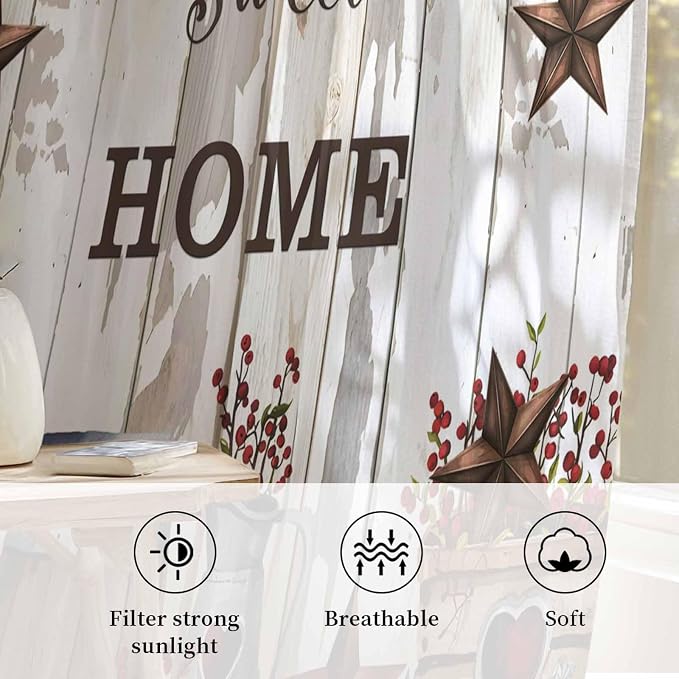 Farmhouse Sheer Curtains 45 Inch Length Retro Country Star Berry Vintage Wood - Image 2