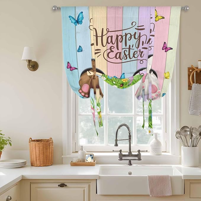 Tie Up Curtains, Happy Easter Rabbit Butt Egg on Daisy Leaf Adjustable Rod - Image 4