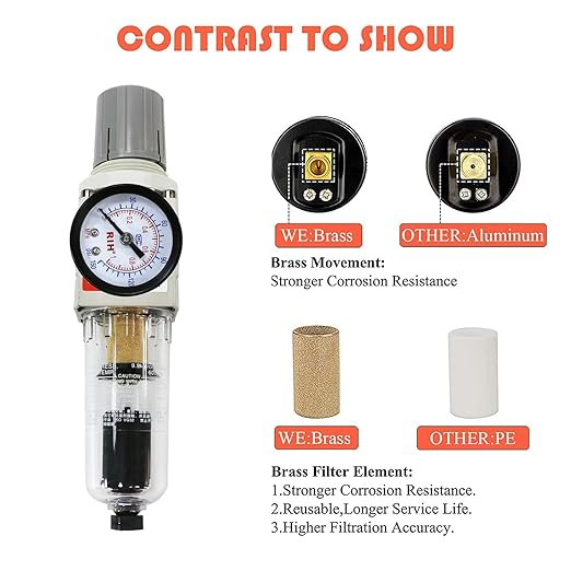RIH 1/4" NPT Auto Drain Compressed Air Filter Regulator Combo Piggyback - Image 3