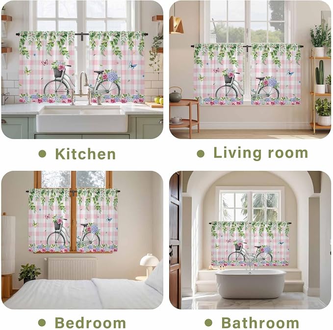 Spring Tier Curtains, Bicycles Leaves Butterfly Flowers Pink Buffalo Plaid - Image 8