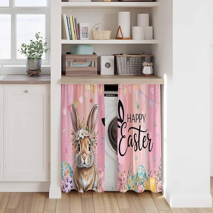 Easter Tier Curtains, Spring Rabbit Eggs Flowers Flags Leaves Wood Grain Light - Image 7