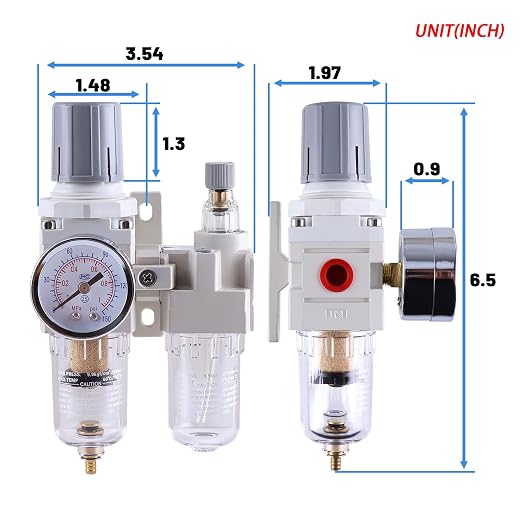 1/4 Inch NPT Compressed Air Filter Regulator Lubricator Combo, Water Oil Trap - Image 3