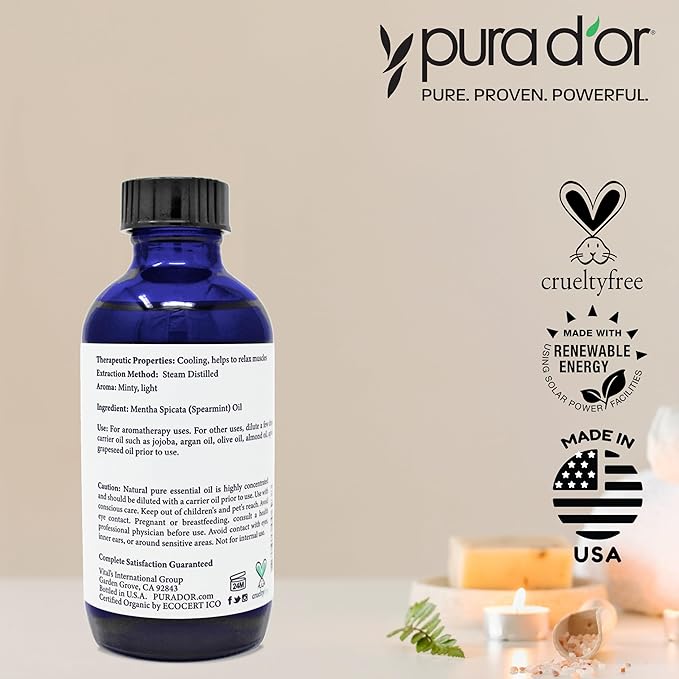 PURA D'OR Organic Spearmint Essential Oil (4oz with Glass Dropper) USDA Certified 100% Pure & Natural Therapeutic Grade Diffuser for Aromatherapy, Focus, Concentration, Mood Uplift
