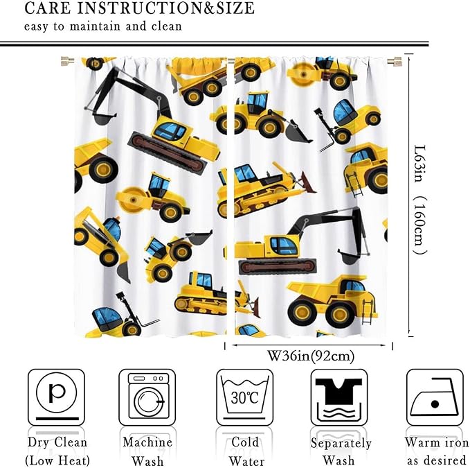 Kids Construction Equipment Window Curtains, Excavator Tractor Tow Truck Rod - Image 4